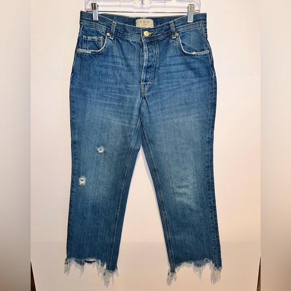 Free People Maggie Straight Leg Jeans Medium Wash Blue Button Fly Distress Sz 28 - Picture 2 of 10